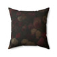 Back side of the throw pillow with dark rose floral print, square format